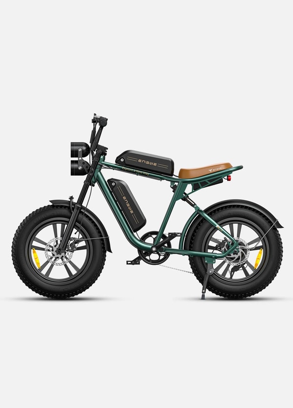 Groene Engwe M20 elektrische fatbike met dubbele accu getoond in zijaanzicht met twee accu's, lang zadel, achtervering en fatbike banden