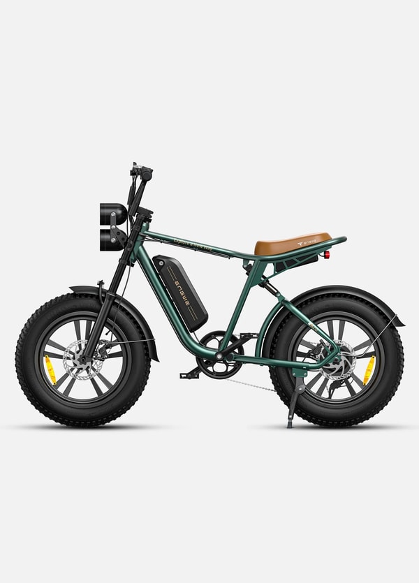 Green Engwe M20 single-battery electric fat bike shown in side profile with 20 inch fat tires, long saddle and front suspension