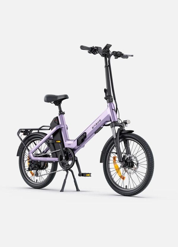 Engwe O20 Boost purple folding electric bike shown from the front three-quarter angle with wide tires, headlight and dual-leg kickstand