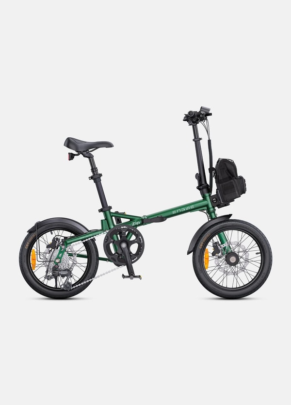 Green Engwe Zip folding electric bike shown in side profile with front storage bag, suspension seatpost, full fenders and 16 inch tires