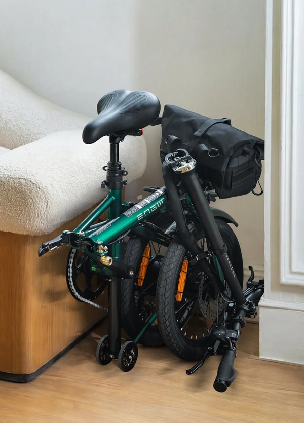Groene Engwe Zip opvouwbare elektrische fiets binnen opgevouwen getoond met voorste opbergtas, zwenkwielen, volledige spatborden en oranje reflectoren