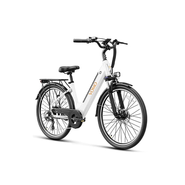 White VOMO CS20 step-through electric city bike shown from the front three-quarter angle with rear rack, full fenders, suspension fork and LED headlight