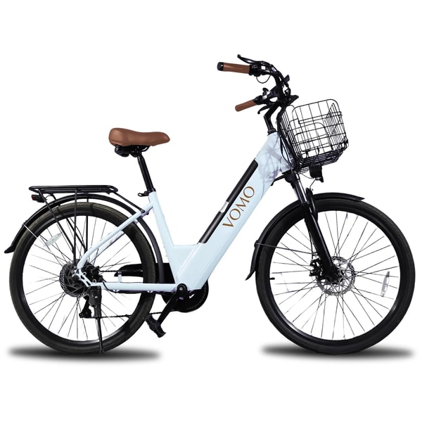 Witte VOMO CS20 instap elektrische stadsfiets getoond in zijaanzicht met voormand, bagagedrager, volledige spatborden en bruin zadel