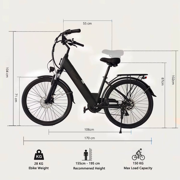 VOMO CS20 afmetingen diagram dat 170 centimeter lengte, 104 centimeter stuurhoogte, 102 centimeter maximale zadelhoogte, 28 kilogram fietsgewicht en 150 kilogram laadvermogen toont