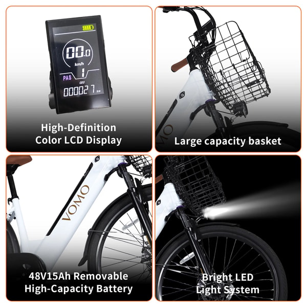 VOMO CS20 functiegrafiek die het kleurenlcd-display, de grote voormand, de verwijderbare 48 volt 15 ampère-uur accu en het heldere led-verlichtingssysteem toont