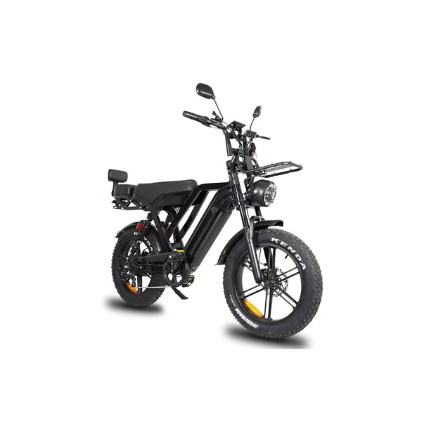 Zwarte VOMO X50 elektrische fatbike getoond vanuit een driekwart vooraanzicht met spiegels, voorste bagagedrager, ronde koplamp en fatbike banden