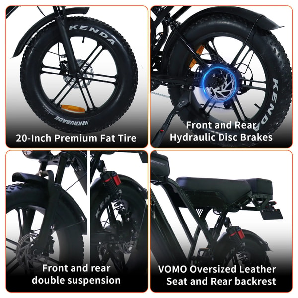 VOMO X50 functiegrafiek die 20 inch fatbike banden, hydraulische schijfremmen voor en achter, dubbele vering voor en achter, en een oversized leren zadel met achterste rugleuning toont