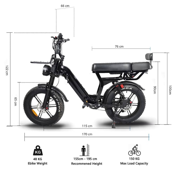 VOMO X70 afmetingen grafiek die 170 centimeter totale lengte, 122 centimeter hoogte, 100 centimeter zadelhoogte, 48 kilogram fietsgewicht, 150 kilogram maximaal laadvermogen en aanbevolen rijderslengte van 155 tot 195 centimeter toont