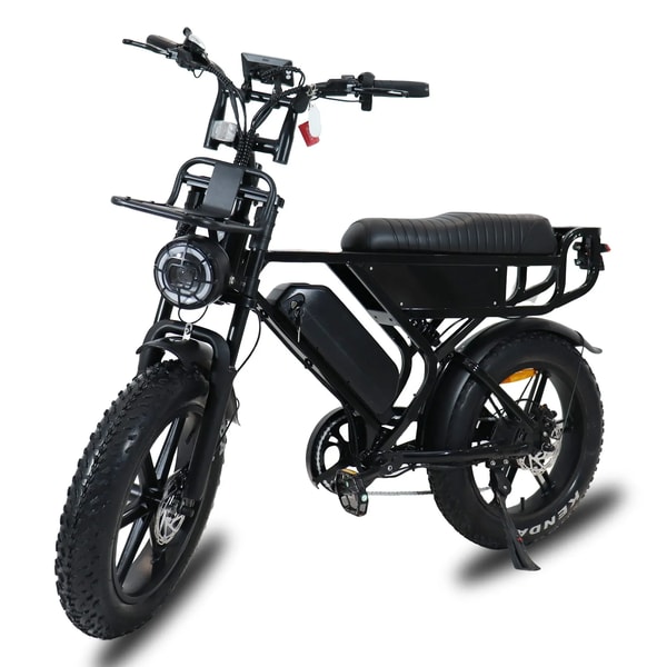 Black VOMO X90 electric fat bike shown from the front three-quarter angle with long padded seat, front cargo rack, headlight, removable battery and fat tires