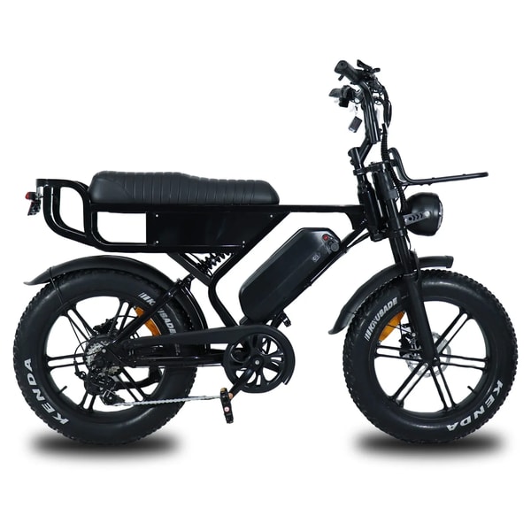 Zwarte VOMO X90 elektrische fatbike getoond in zijaanzicht met lang gewatteerd zadel, achterste bagagedrager, voorste bagagedrager, verwijderbare accu, volledige vering en brede banden