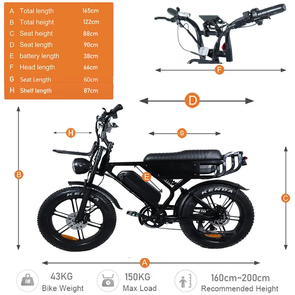 VOMO X90 afmetingen grafiek die 165 centimeter totale lengte, 122 centimeter hoogte, 88 centimeter zadelhoogte, 43 kilogram fietsgewicht, 150 kilogram maximaal laadvermogen en aanbevolen rijderslengte van 160 tot 200 centimeter toont