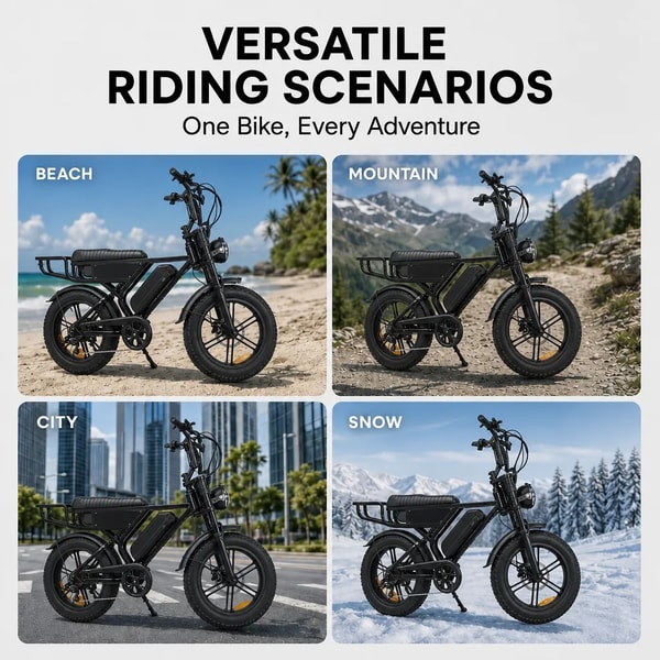 VOMO X90 veelzijdige rijscenario's grafiek die de elektrische fatbike toont op het strand, in de bergen, in de stad en op sneeuw